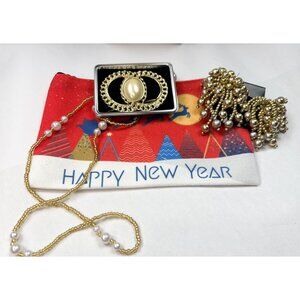 Gold & Pearl Jewelry Set - Necklace Earrings & Brooch In Festive Pouch
